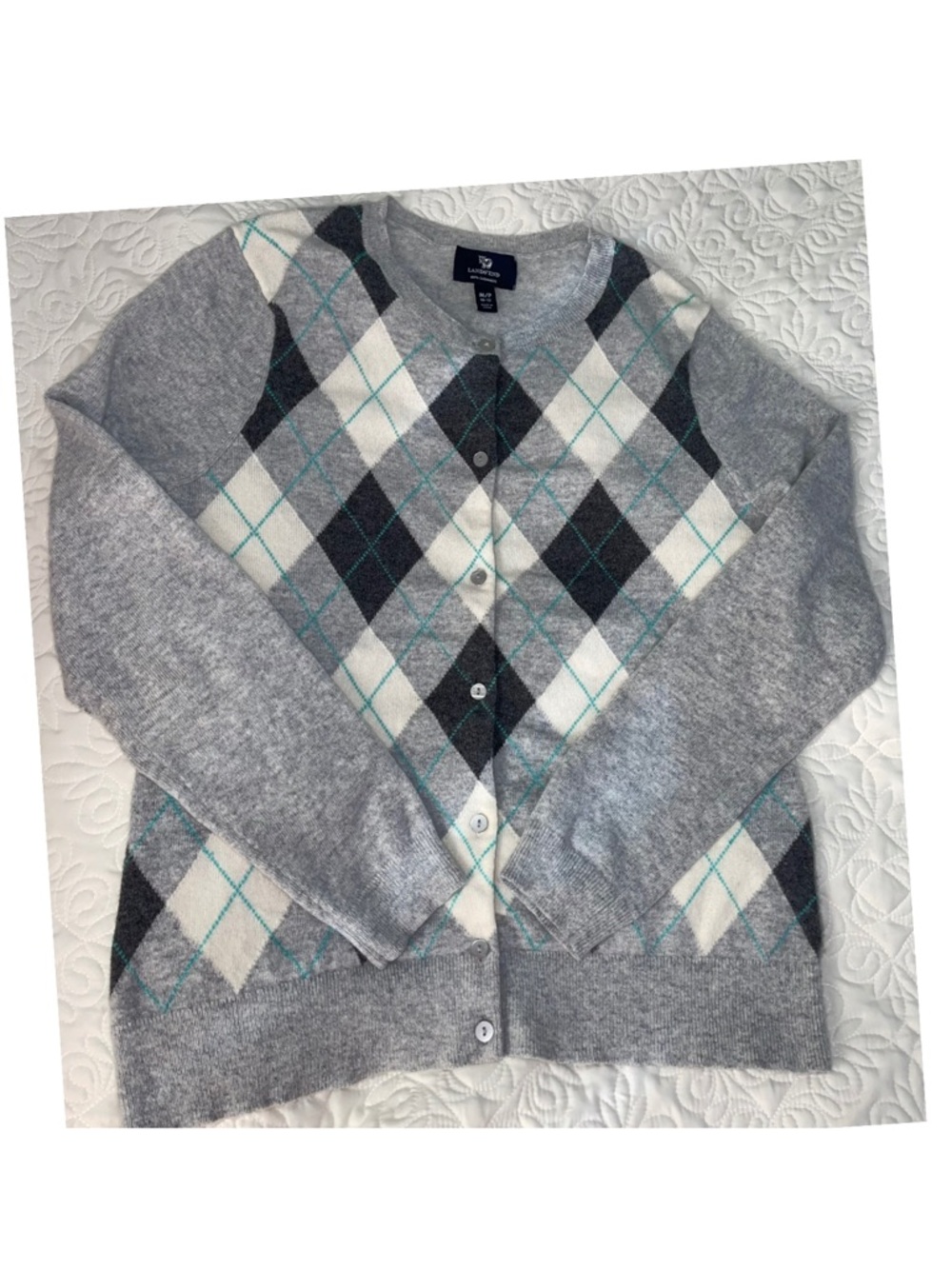 Lands End Gray Argyle Cashmere Cardigan Sweater